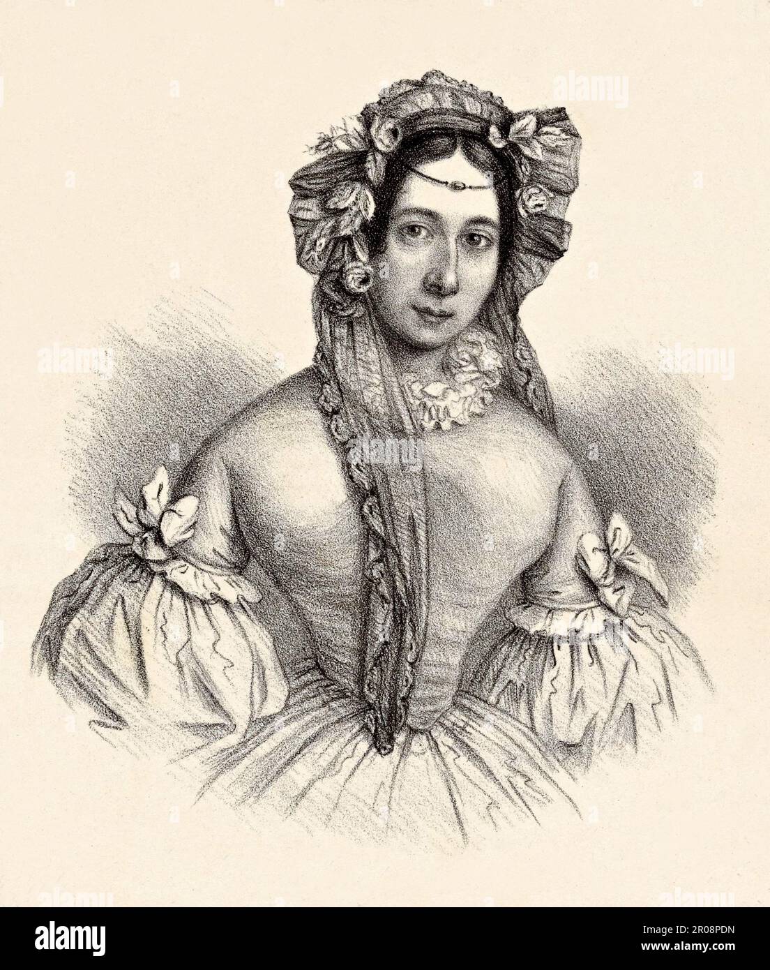 1830 Ca , Venedig , ITALIEN : die gefeierte italienische Ballerina AMALIA BRUGNOLI SAMENGO ( Samingo , 1802 - 1892 ) im TEATRO LA FENICE , Venezia . Verheiratet mit dem Koreographen und Tänzer PAOLO SAMENGO ( 1797 - 1863 ) in Neapel ( Italien ) 1828 . Porträt des Malers EUGENIO NAPOLEONE PIANTA , gedruckt von Barozzi , Venezia . - GESCHICHTE - FOTO STORICHE - BALLERINA - CHOREOGRAPHER - COREOGRAFO - Ballett - BALLETTO CLASSICO - Theater - TEATRO - TANZ - DANZA - KLASSIK - Tänzer - Incisione - Gravur - Illustration - Ballerino - OTTOCENTO - '800 - 800 - PORTRAIT - RITRATTO - Cuffia - Stockfoto