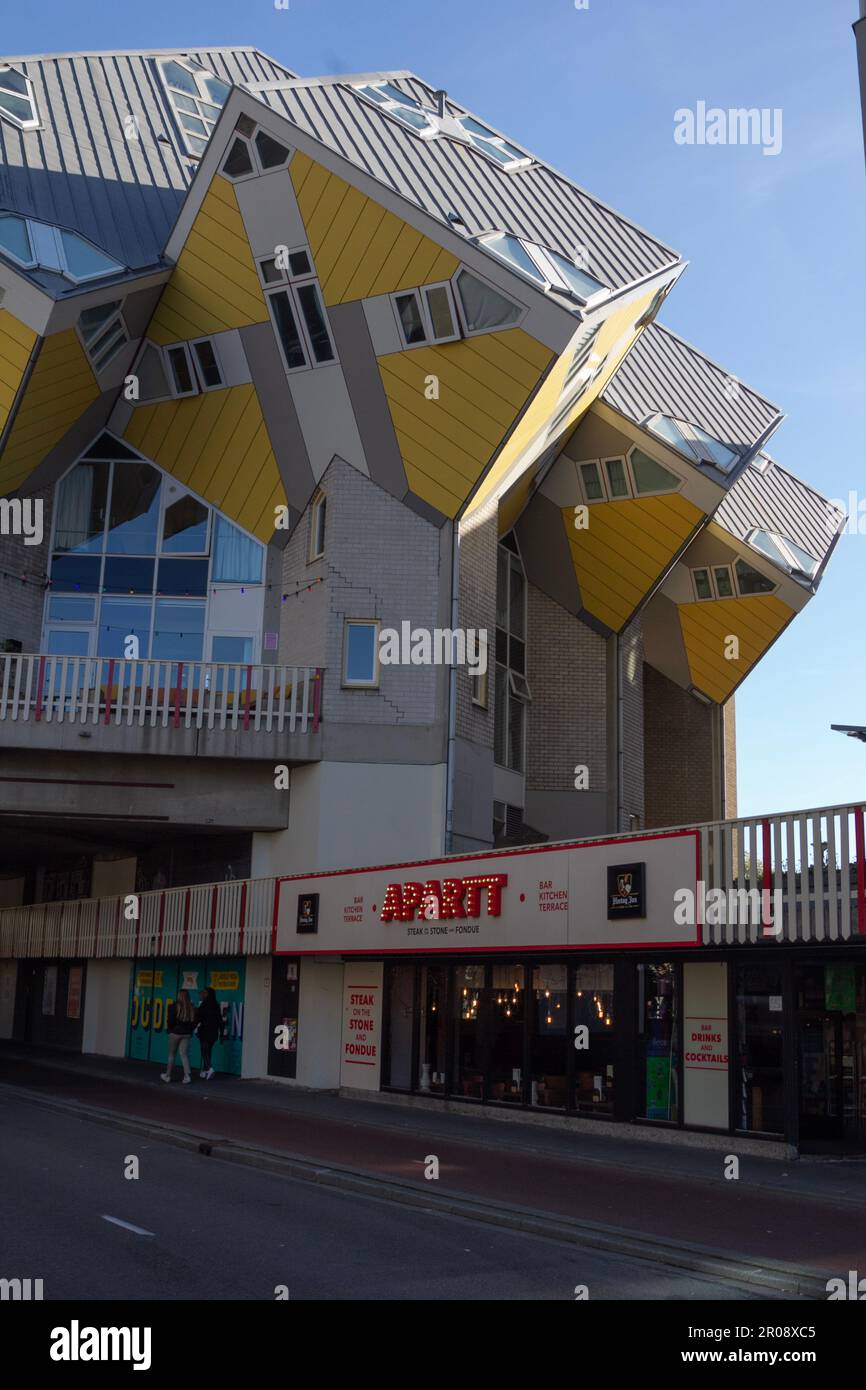 Rotterdam, NL, Piet Bloms Würfelhäuser auf sechseckigen Säulen, von denen jeder einen Baum und das ganze einen Wald darstellen soll. Stockfoto