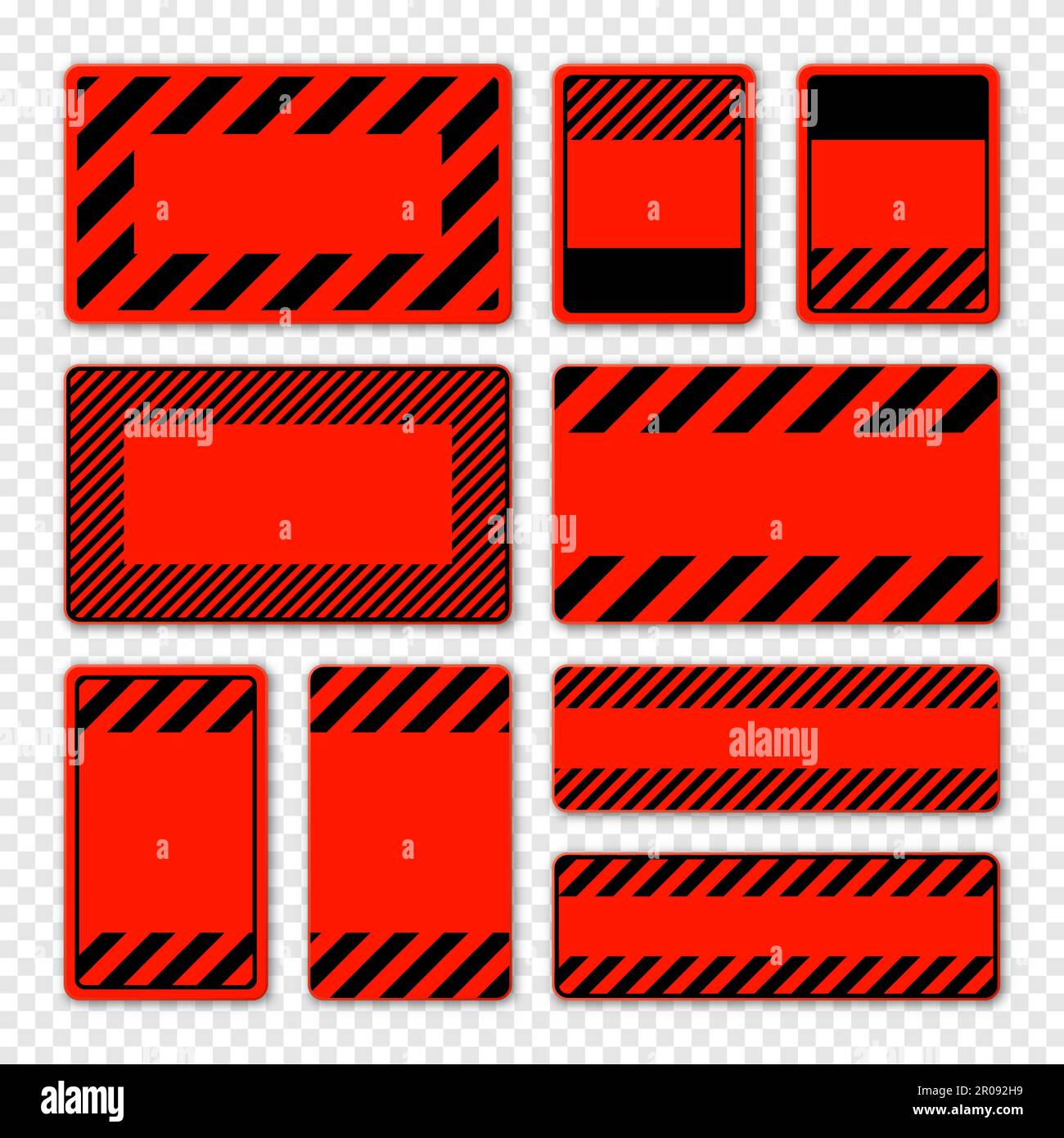 Verschiedene leere rote Warnschilder mit diagonalen Linien. Achtung-, Gefahr- oder Vorsichtshinweis, Baustellenbeschilderung. Realistisches Hinweisschild, Warnung Stock Vektor