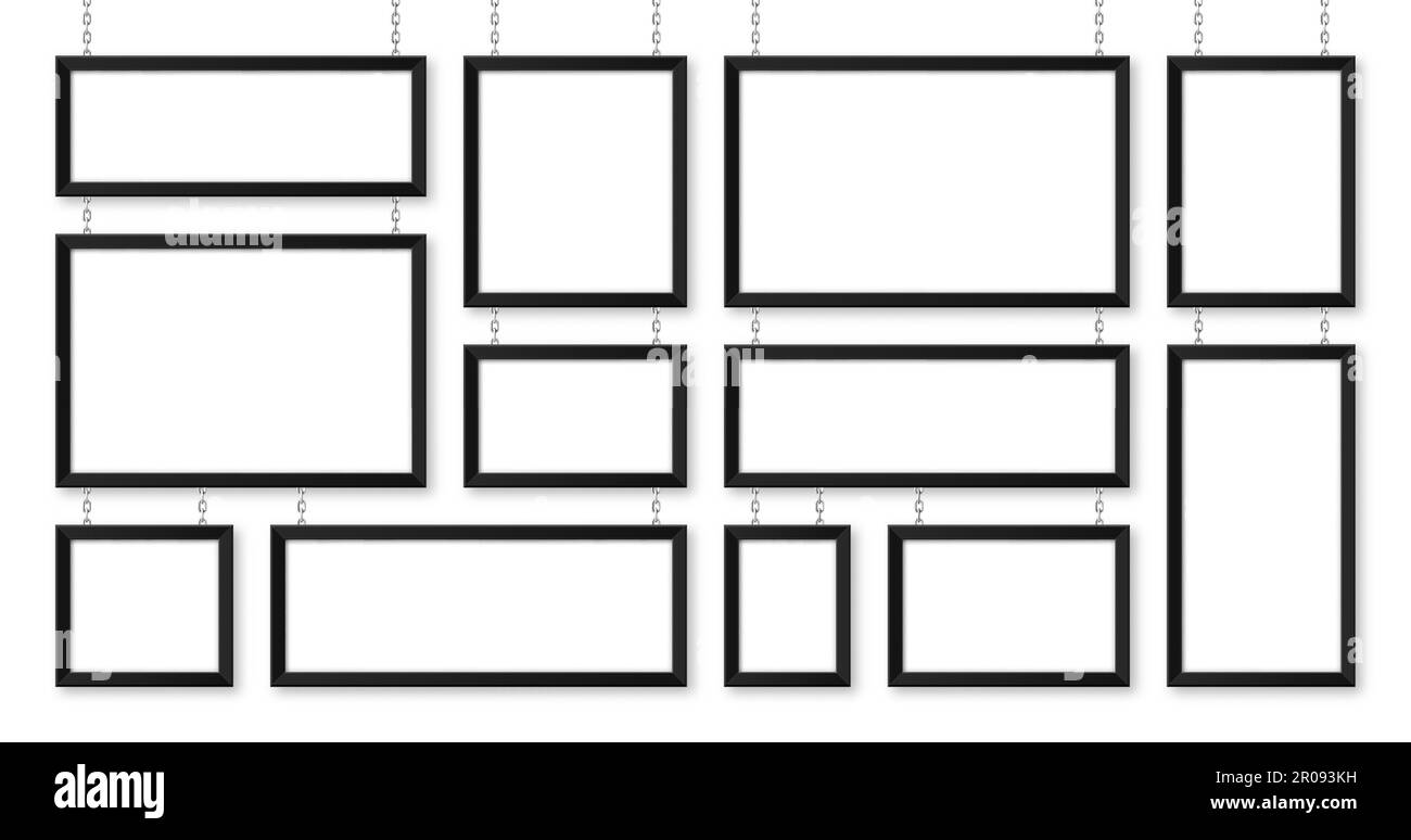 Schwarze Schilder, die an einer Metallkette hängen. Speisekarte des Restaurants. Modernes Postermodell. Leeres Foto oder Bilderrahmen. Werbung oder Präsentation Stock Vektor