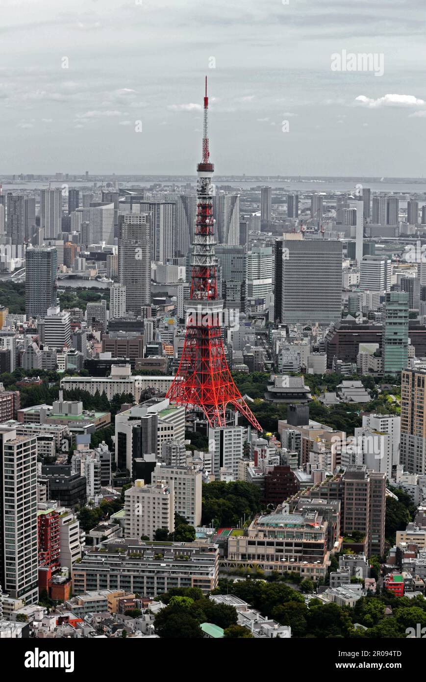 Tokio Stadtbild am bewölkten Himmel und roter Tokyo Tower 2018 Stockfoto