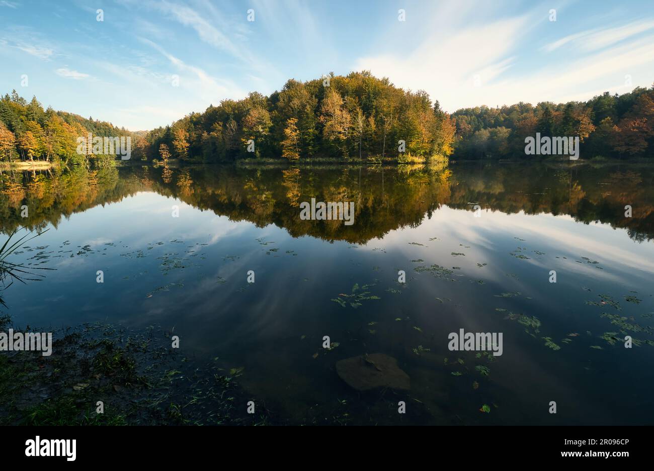 Wunderschöne Landschaft mit Wald im Wasser am Trakoscan-See in Kroatien, Grafschaft hrvatsko zagorje Stockfoto