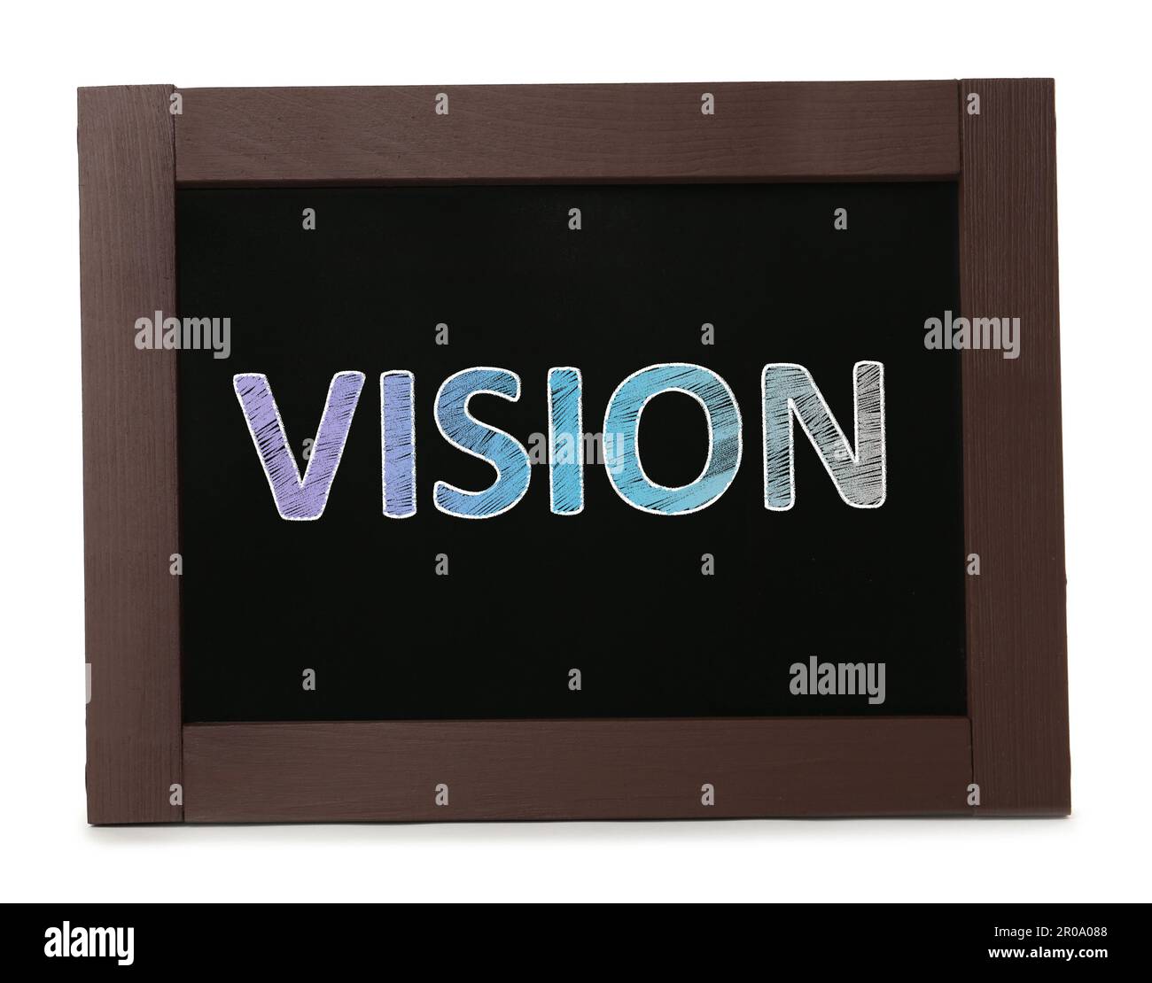 Kleine Tafel mit Wort „Vision“ auf weißem Hintergrund Stockfoto