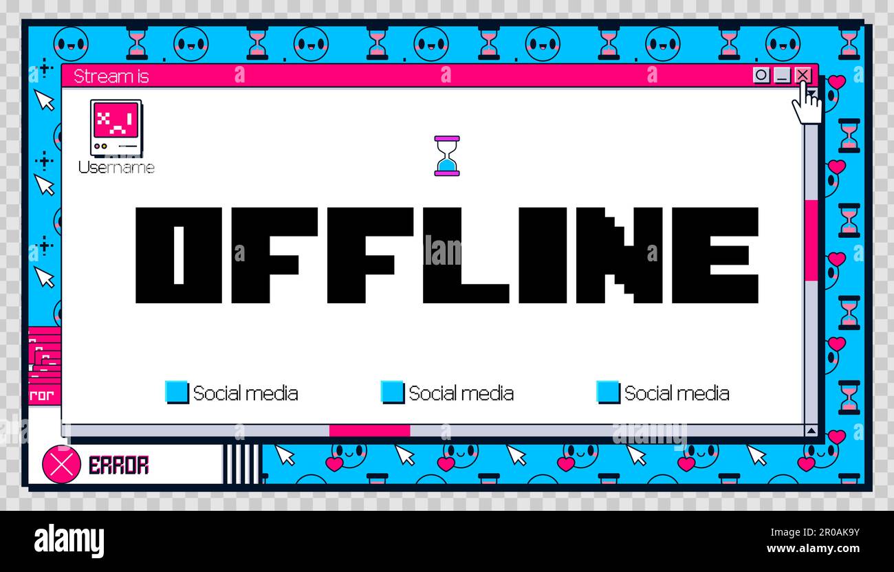 Y2K Bannerhintergrund für Offline-Gamestreams mit Fehler. Kreatives Layout in Blau und Pink. Vorlage für Streamer-Broadcast-Schnittstelle mit Ordner- und Ladesymbol für die Schaltfläche für soziale Medien. Stock Vektor
