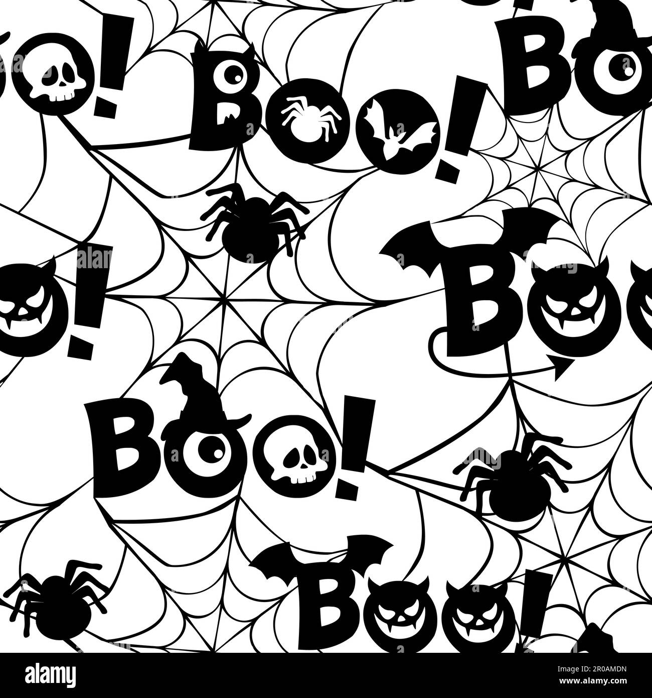 Nahtloses Muster mit Text Boo, Spinnennetz, Augen, Schädel und Monster. Flaches Design Stock Vektor
