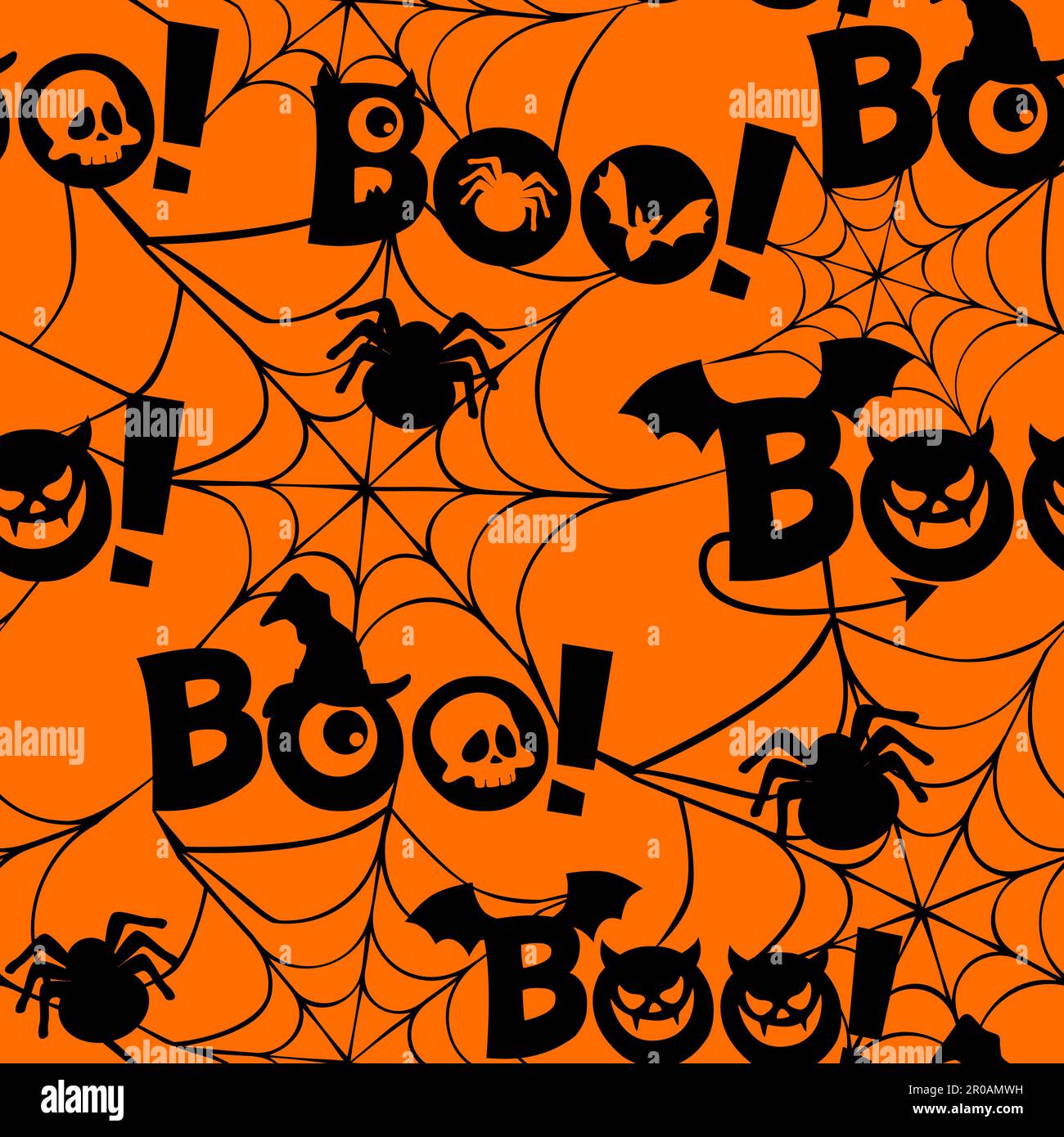 Nahtloses Muster mit Text Boo, Spinnennetz, Augen, Schädel und Monster. Flaches Design. Einfache halloween-Symbole auf orangefarbenem Hintergrund Stock Vektor