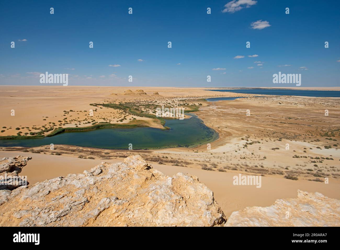 Panoramablick aus der Vogelperspektive über die abgelegene afrikanische ägyptische Wüstenlandschaft mit Oase, Salzsee und Pools Stockfoto