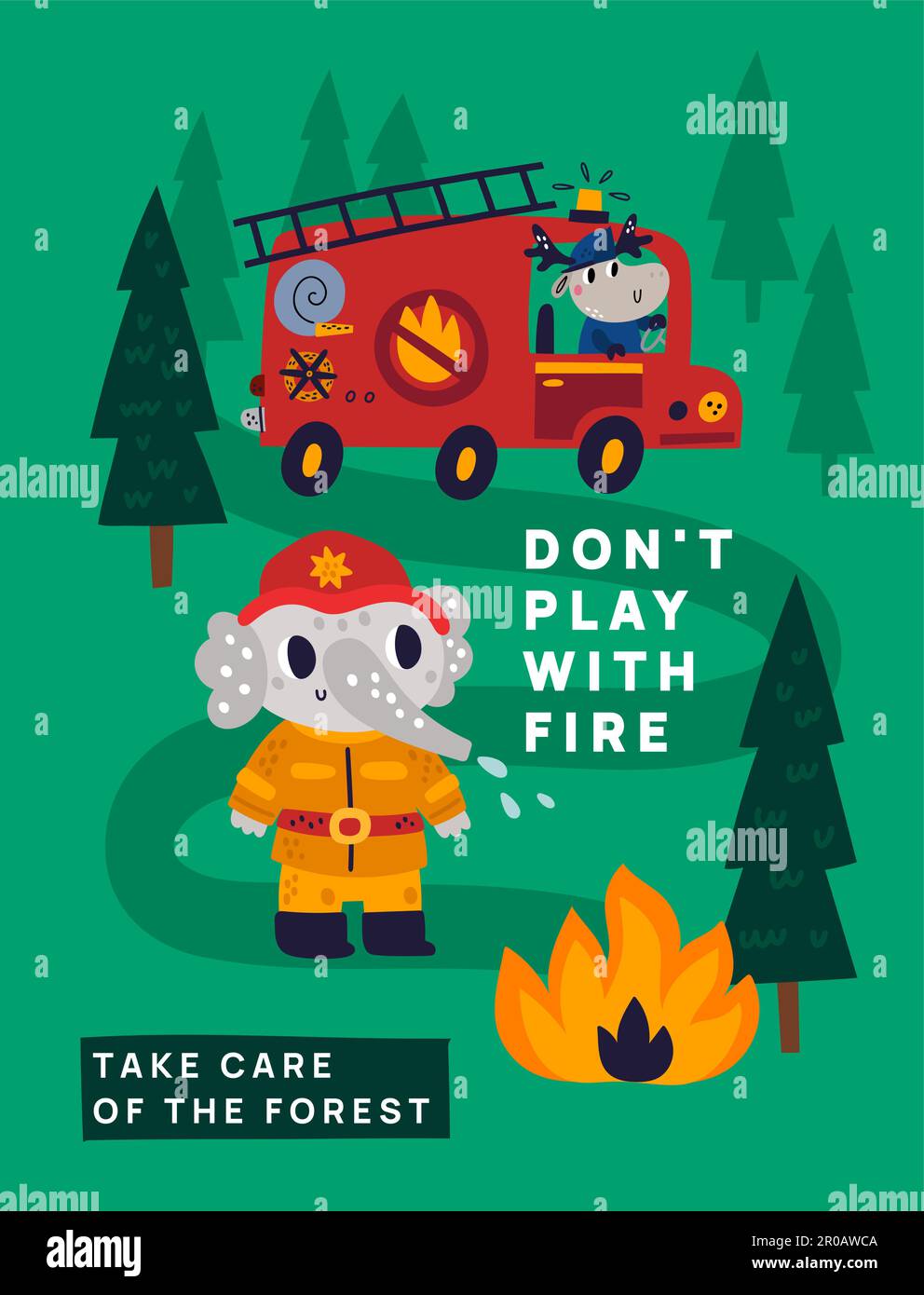 Feuerwehrkarte. Poster für Kinder. Cartoon-Tiere. Spiel nicht mit der Flamme. Pflege der Wälder. Feuerwehrwagen. Elefant und Nilpferd löschen aus Stock Vektor