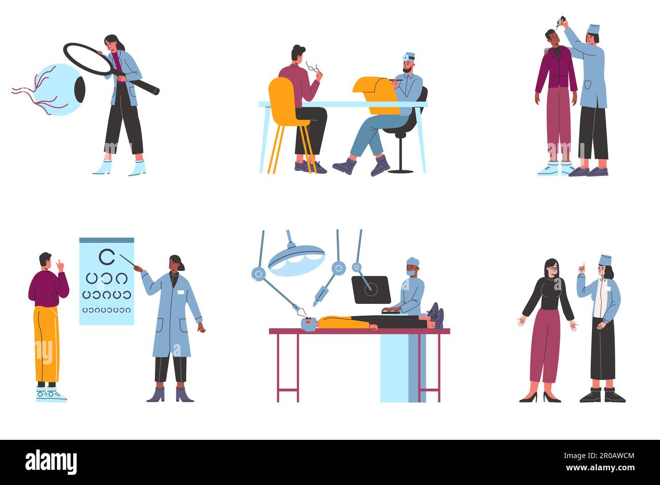 Ophthalmologische Elemente. Cartoon-Optometristen-Sprechstunde. Laservisionskorrektur. Der Arzt überprüft das Sehvermögen des Patienten. Augeninnendruck. Optometrische Diagnostik Stock Vektor