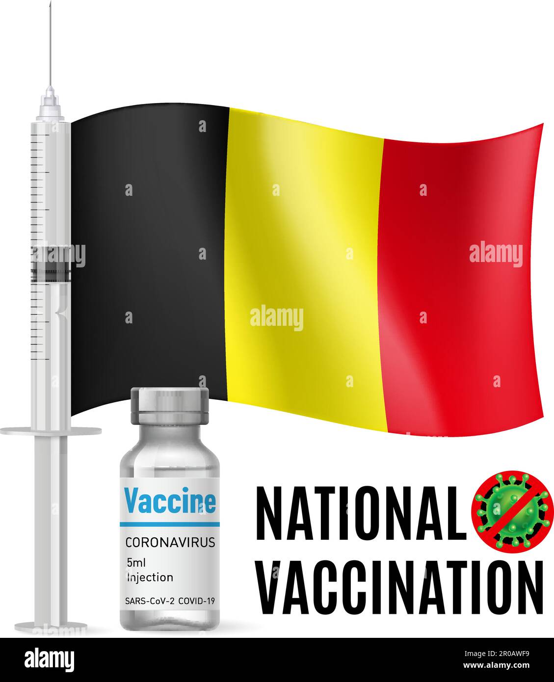 Belgische Flagge mit Impfspritze und Antibiotikaflasche zur Impfung. Gesundheitskonzept und Nationale Impfung mit Bel Stock Vektor