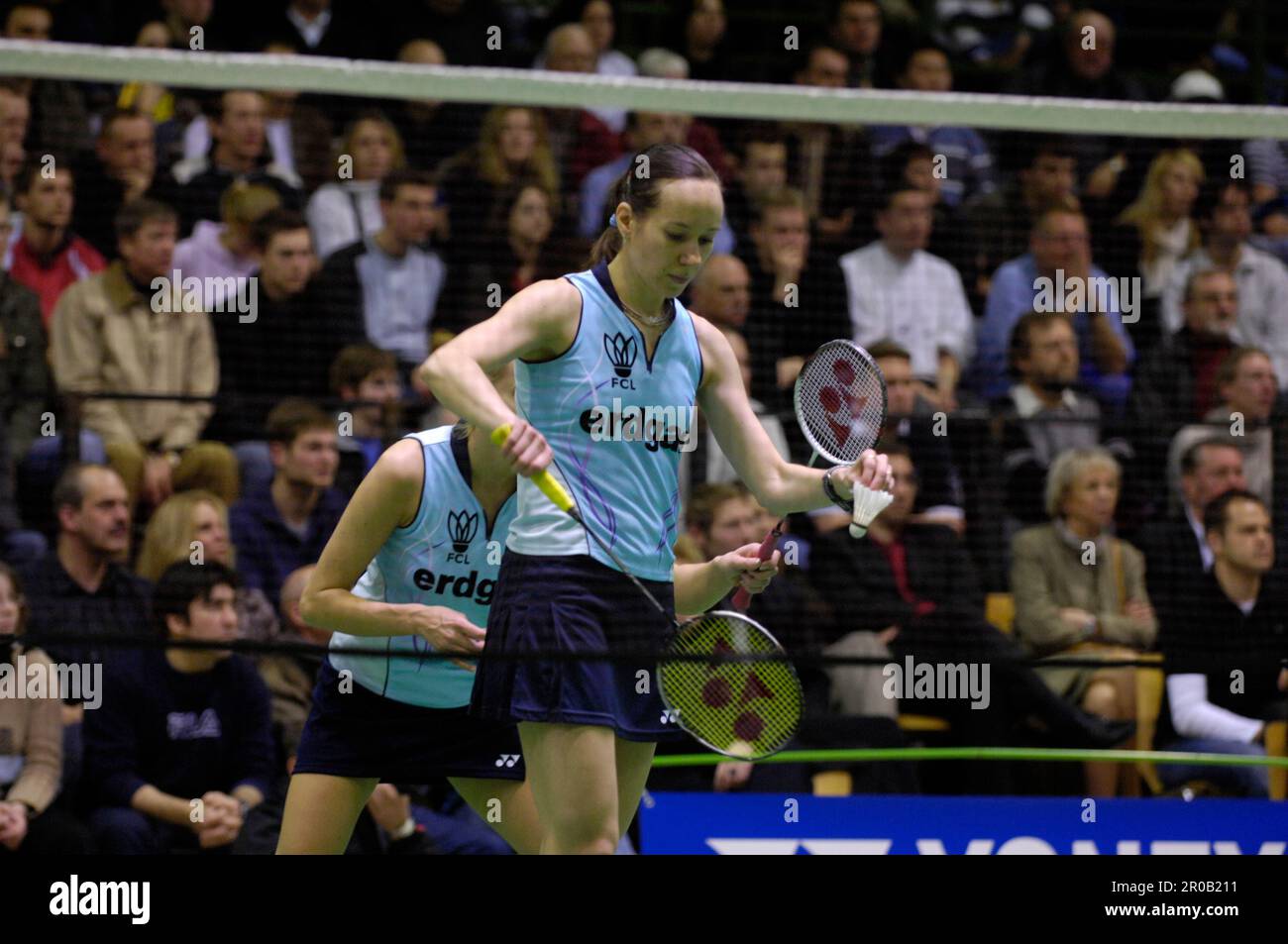 Ella Diehl Aktion Dmodioppel. Badminton Playoff Halbfinale 1.BC Beuel - FC Langenfeld 3:5. 23.3.2008 Stockfoto