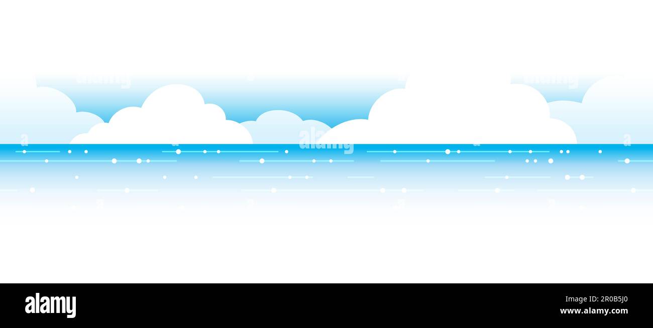 Vector Seamless Ocean View Hintergrund Mit Blauem Himmel, Horizont Und Weißen Wolken. Horizontal Wiederholbar. Stock Vektor