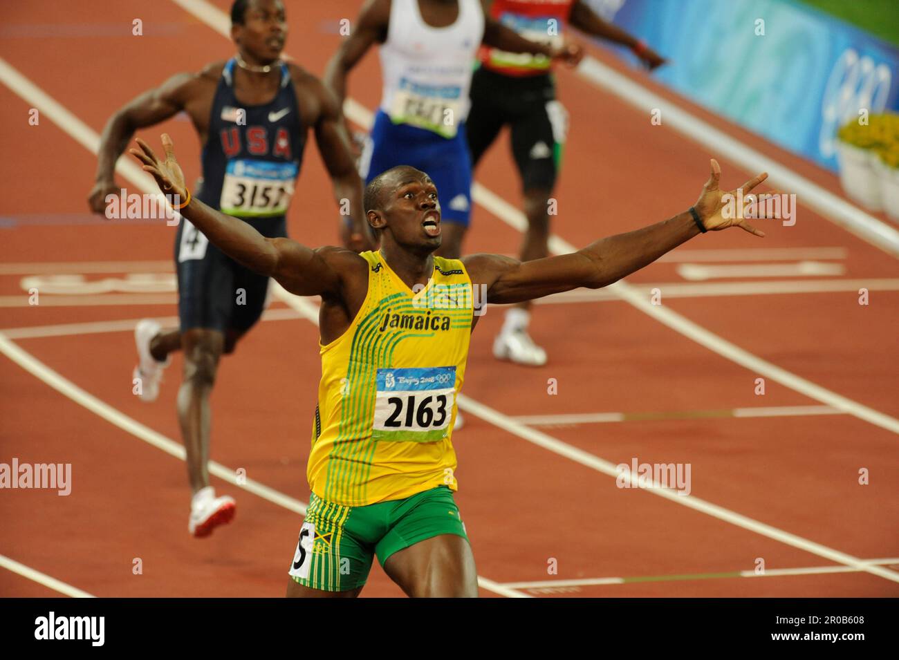 Usain Bolt, JUBEL Freude nach seibem Olympiasieg über 200m mit neuem Weltrekord von 19,30 sec.Leichtathletik, 20,8.2008.Olympia 2008 - Peking - China Stockfoto