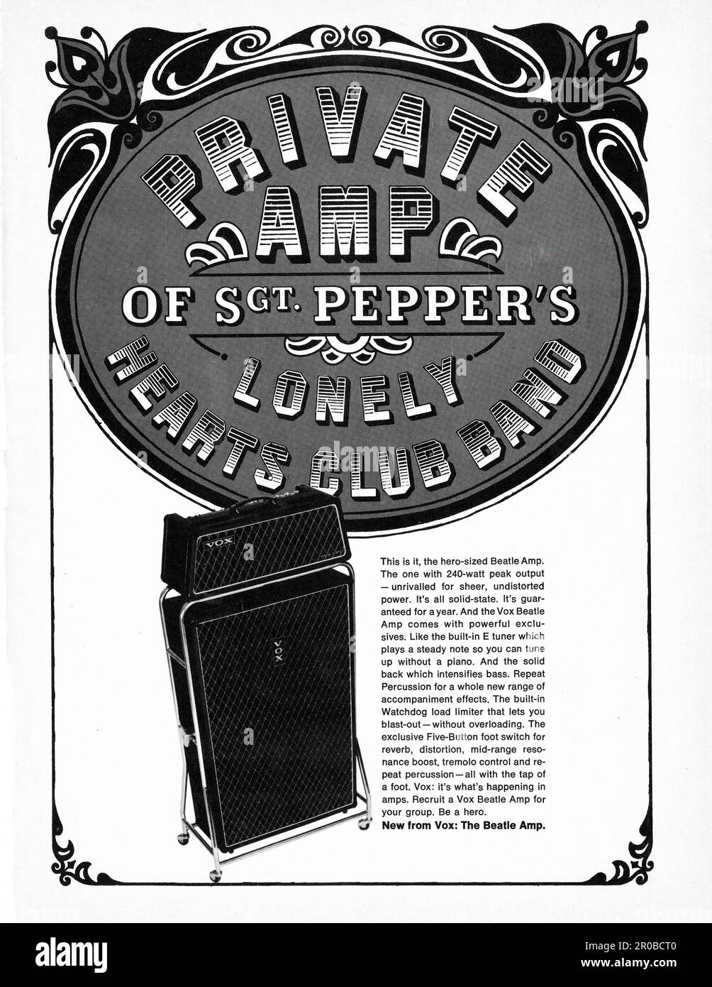 Ein Werbespot für den 240 Watt großen Vox Beatle Verstärker. Es heißt Privatverstärker von Sgt. Pepper's Lonely Hearts Club Band. Eine ganzseitige Anzeige in einem Musikmagazin von 1967. Stockfoto