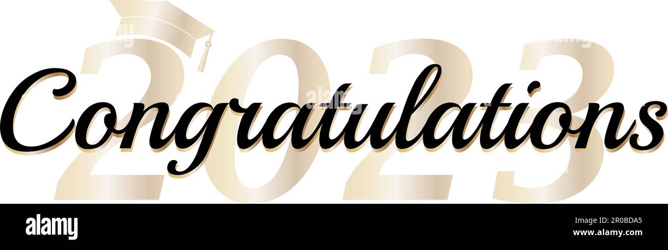 Gratulation Absolventen Klasse 2023, schwarzer Text, Gold, Graduierungskappe, isolierter weißer Hintergrund, Banner, Karte. Vektordarstellung Stock Vektor