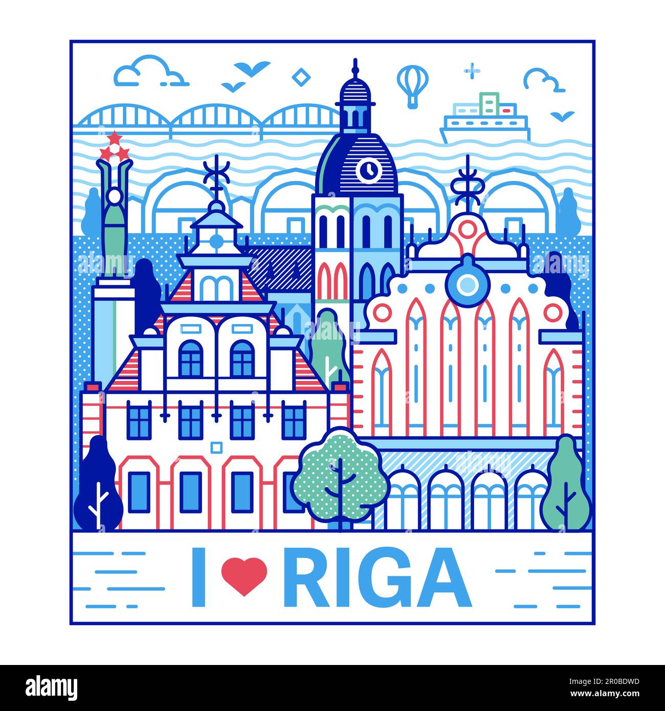 „I Love Riga Travel“-Poster in Line Art Stock Vektor