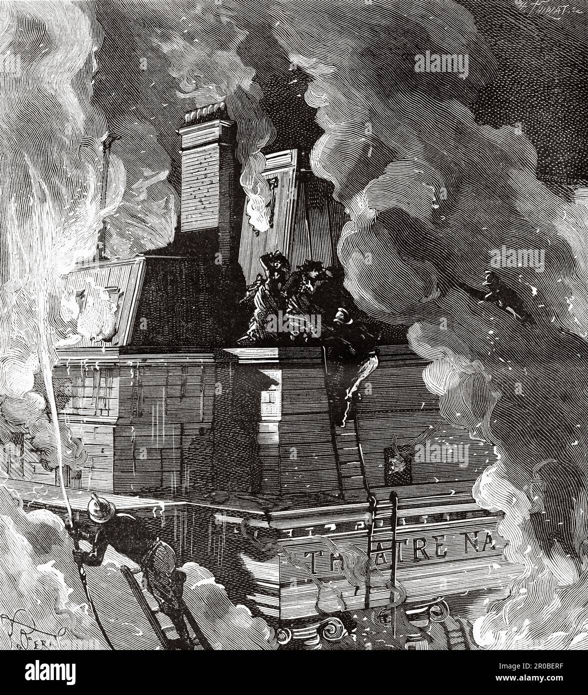 Das Royal Theatre de l'Opera Comique während des Nachtfeuers vom 25. Bis 26. Mai 1887 in Paris. Frankreich. Alte Gravur aus dem 19. Jahrhundert aus La Nature 1887 Stockfoto