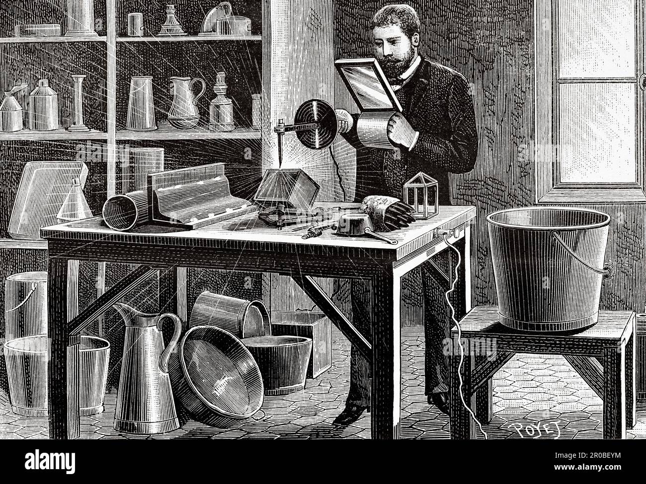 Installation zum Elektroschweißen von Metallen, Ende des 19. Jahrhunderts. Alte Gravur aus dem 19. Jahrhundert aus La Nature 1887 Stockfoto