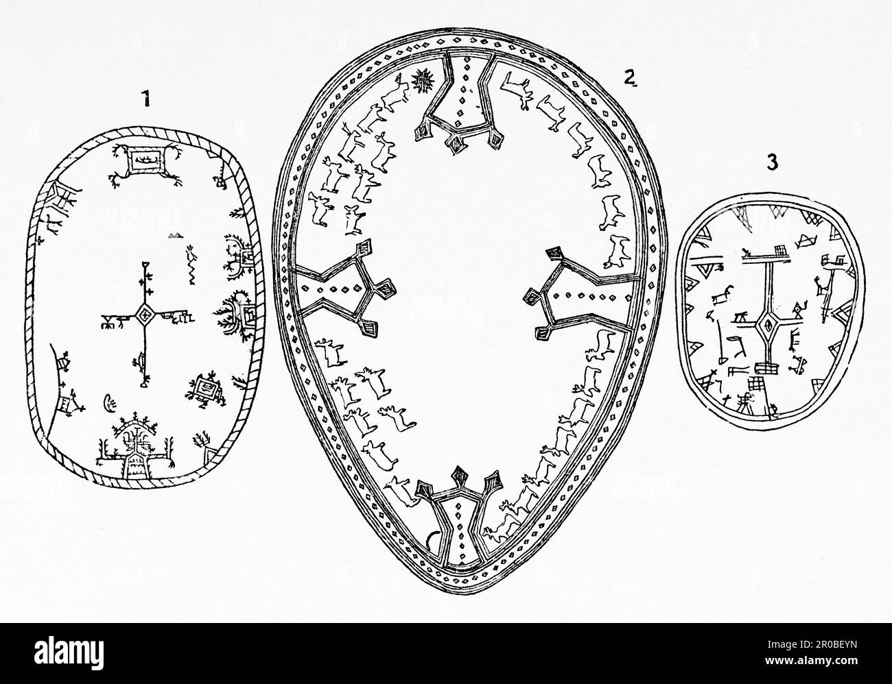 Magische Trommelpsalme. 1-3 Lappland-Trommel, 2 Shaman-Trommel. Alte Gravur aus dem 19. Jahrhundert aus La Nature 1887 Stockfoto