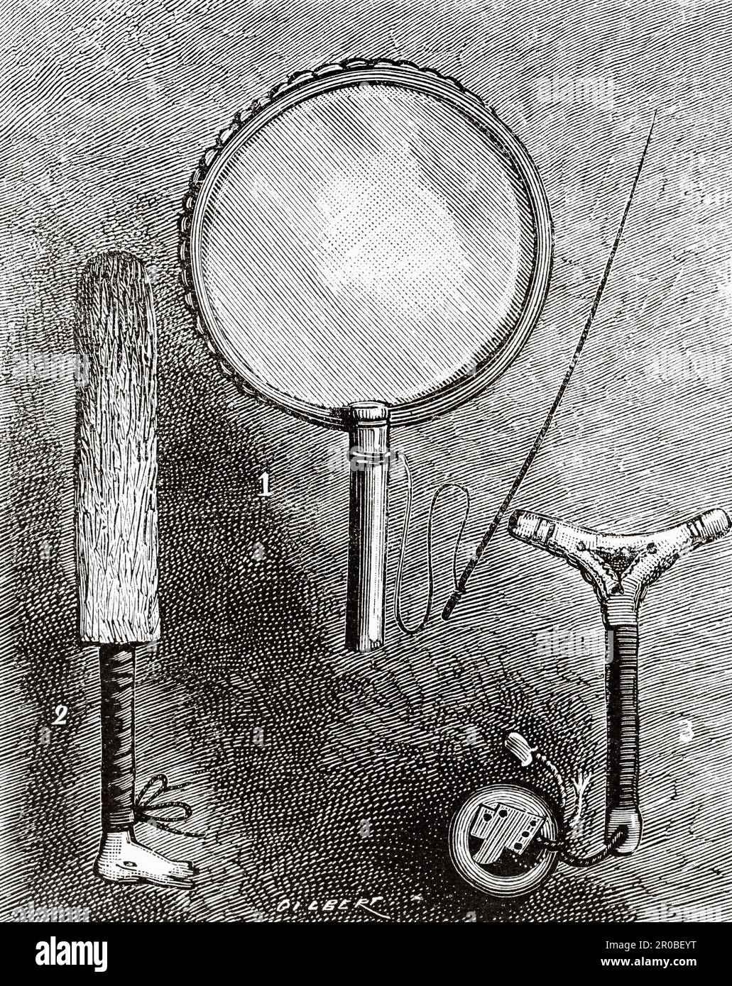 Zaubertrommel und Mets. 1 Chukchi Magic Trommel und Zauberstab, 2 Tungus Magic Trommelschalen, 3 Lapp Trommelschalen. Alte Gravur aus dem 19. Jahrhundert aus La Nature 1887 Stockfoto