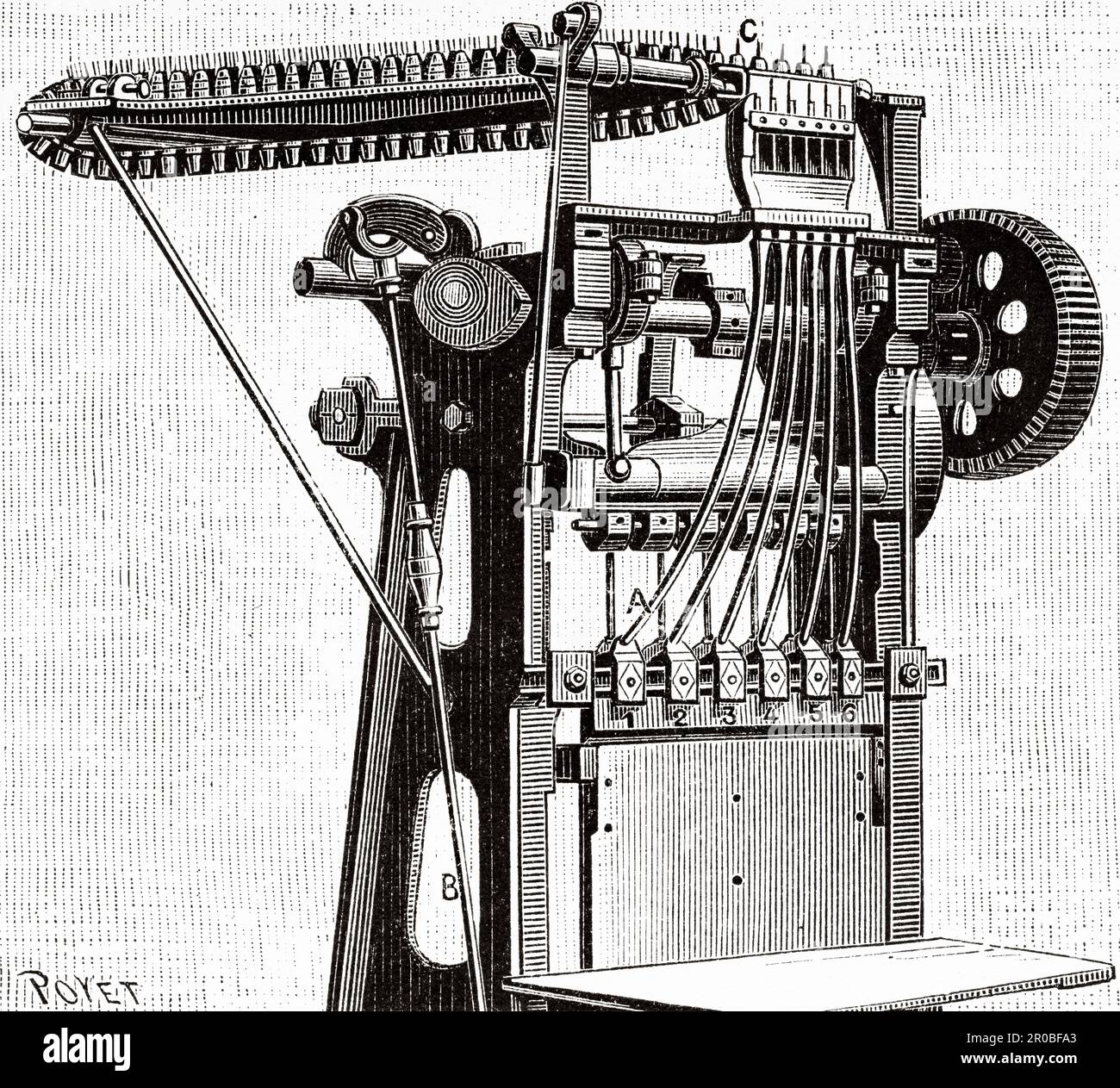 Kastennagelmaschinen in den Bauwerkstätten des Werks Noisiel. Alte Gravur aus dem 19. Jahrhundert aus La Nature 1887 Stockfoto