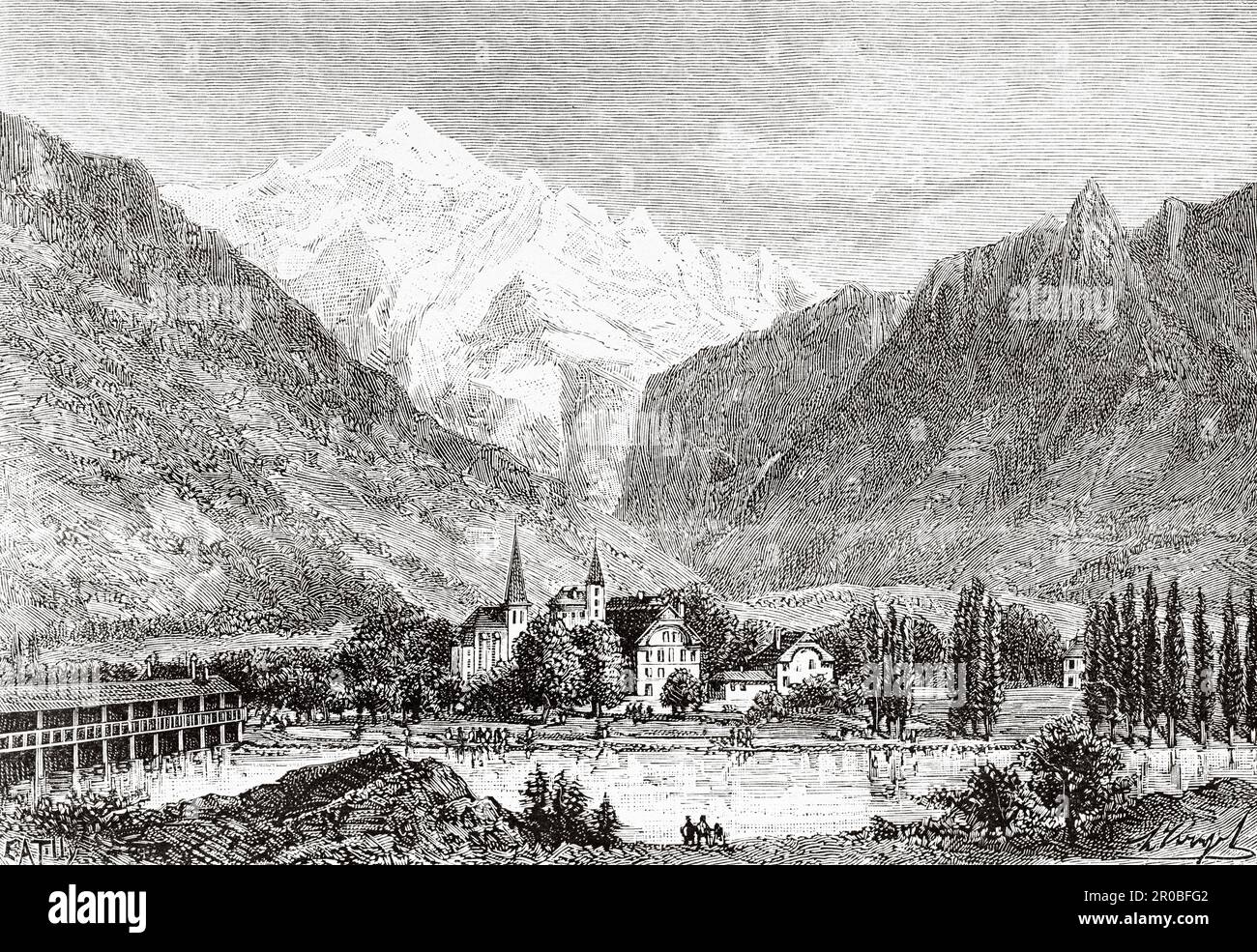 Interlaken und Jungfrau, Schweiz. Alte Gravur aus dem 19. Jahrhundert aus La Nature 1887 Stockfoto