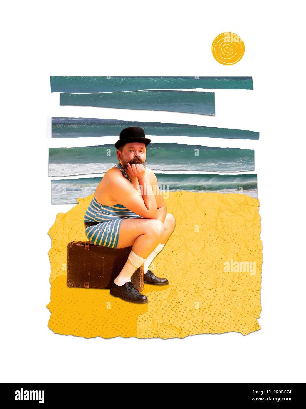 Ein Mann im Badeanzug im Retro-Stil sitzt auf einem Retro-Koffer am Strand nahe dem Meer. Sommerferien. Collage für zeitgenössische Kunst. Stockfoto