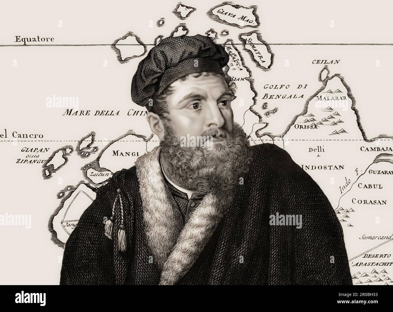 Marco Polo, c. 1254–1324, italienischer Händler, Forscher und Schriftsteller, Karte seiner Reisen, digital bearbeitet Stockfoto