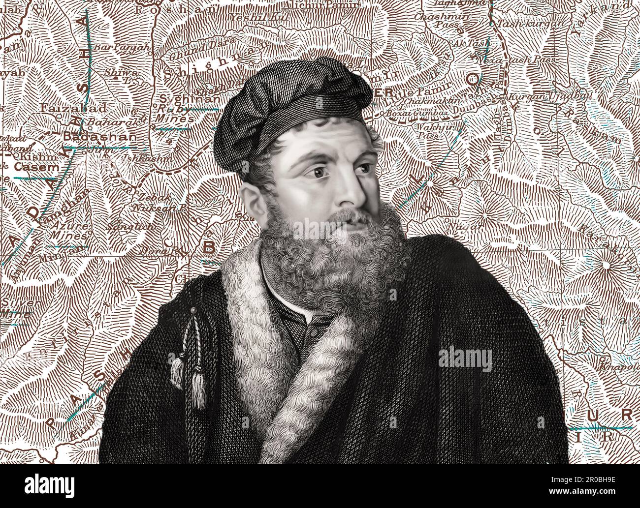 Marco Polo, c. 1254–1324, italienischer Händler, Forscher und Schriftsteller, Karte seiner Reisen, digital bearbeitet Stockfoto