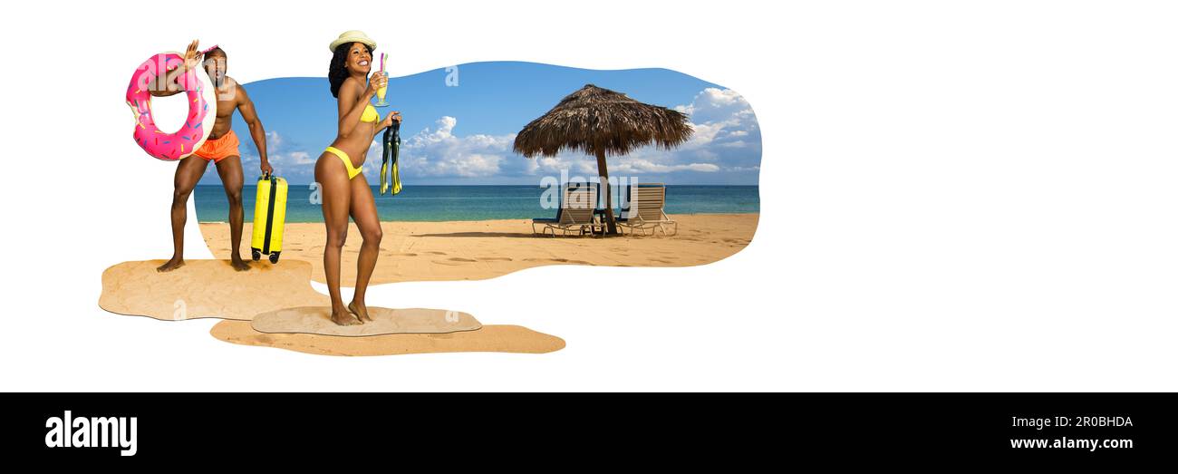 Sommerromantik. Mann und Frau in Badeanzügen am Strand, Sommerurlaub und Entspannung. Collage für zeitgenössische Kunst. Stockfoto