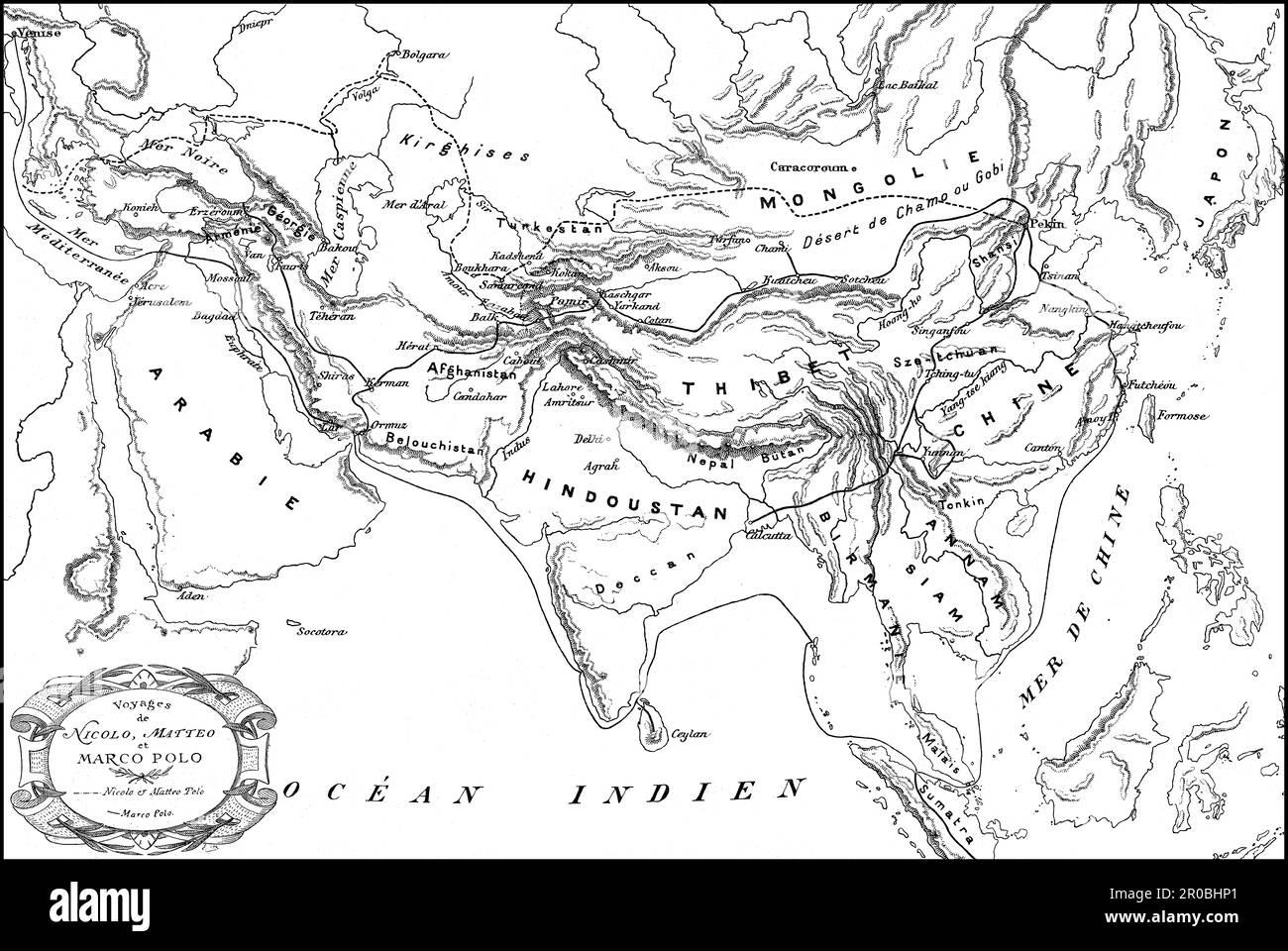 Marco Polo, c. 1254–1324, italienischer Händler, Forscher und Schriftsteller, Karte seiner Reisen, digital bearbeitet Stockfoto