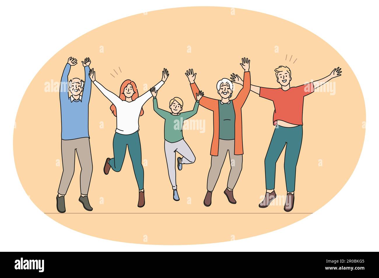 Überglücklich drei Generationen von Familie haben Spaß springen und lachen zusammen. Lächelnde Kinder, Eltern und Großeltern feiern Erfolg Fühlen Sie sich fröhlich und aufgeregt. Flache Vektorgrafik. Stock Vektor