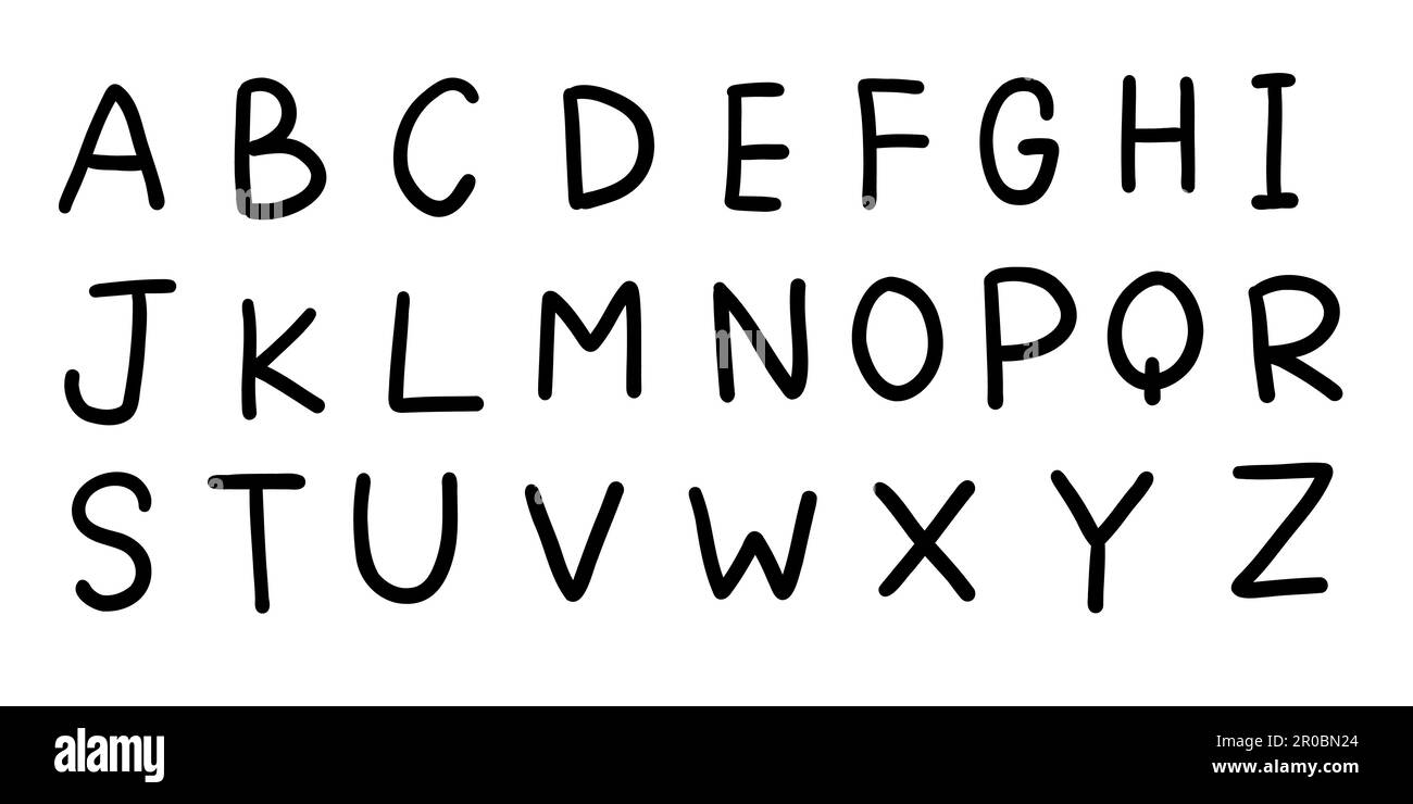 Unregelmäßige Formen Schwarze englische lateinische abc-Schriftart A bis z. Vektorgrafik in handgemachtem Doodle, handgeschriebenes Doodle-Stil isoliert auf weißem Rücken Stock Vektor