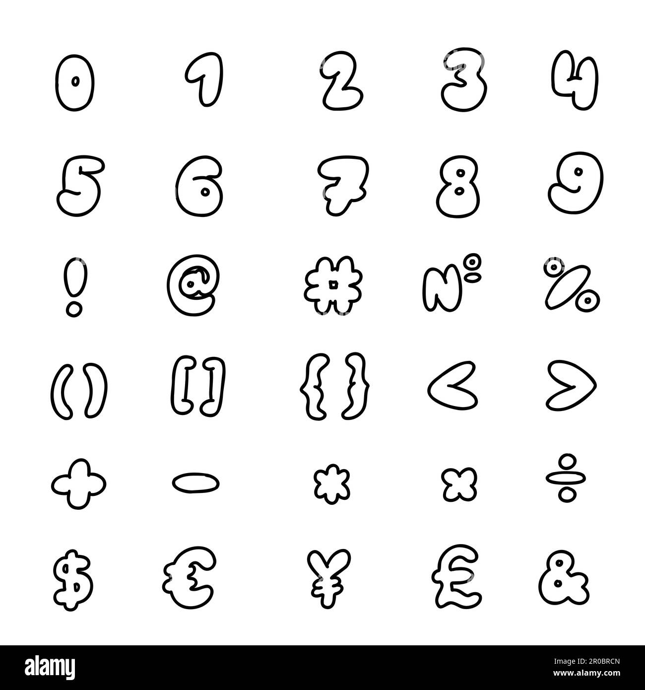 Scribble Black, spezielle mathematische und andere Symbole und Zeichen, Schriftart 0 bis 9. Vektordarstellung im handgezeichneten Kritzelstil, isoliert auf weißem Hintergrund Stock Vektor