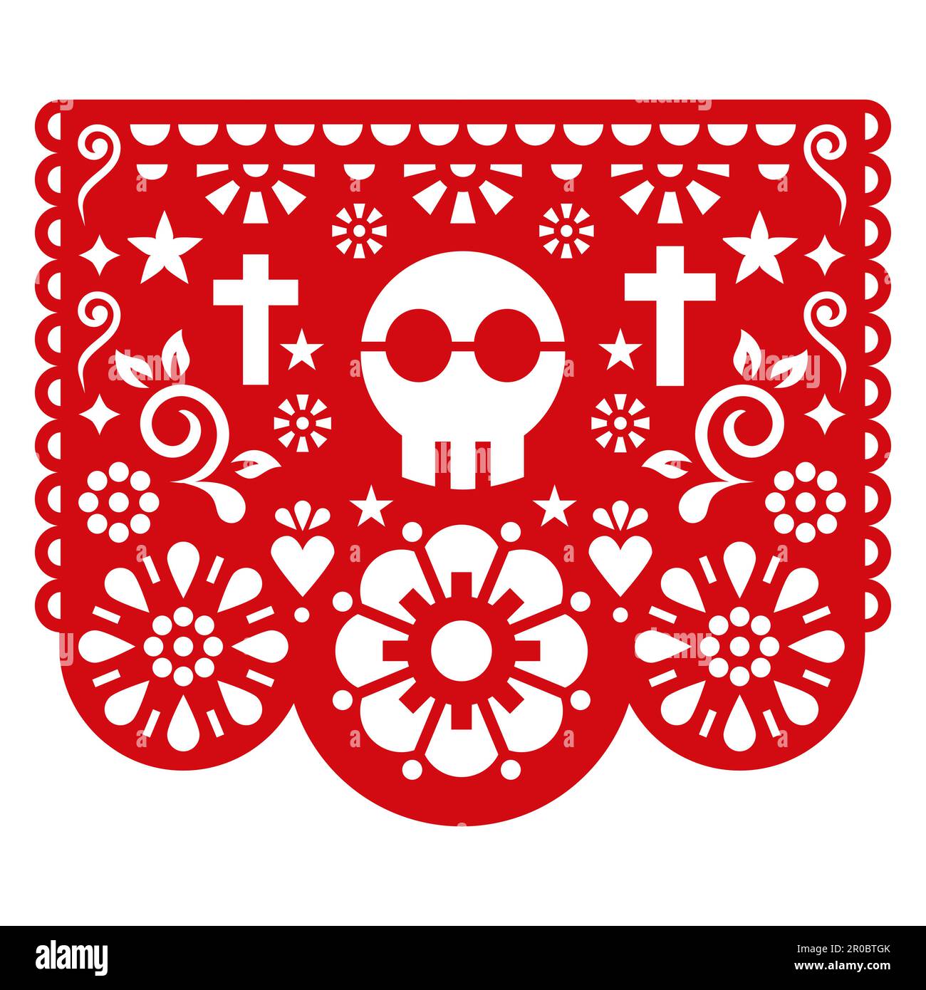 Halloween-Papel-Picado-Vektordesign mit Schädel, Blumen und Kreuzen, mexikanische Papierausschnitte - Partygirlande Stock Vektor