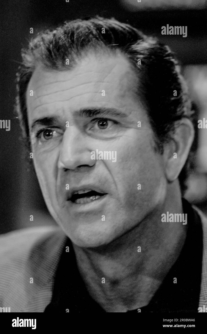 Schwarzweißporträts des australischen Schauspielers Mel Gibson auf einer Pressekonferenz 2002 in Sydney, Australien, für den Film, als wir Soldaten waren Stockfoto