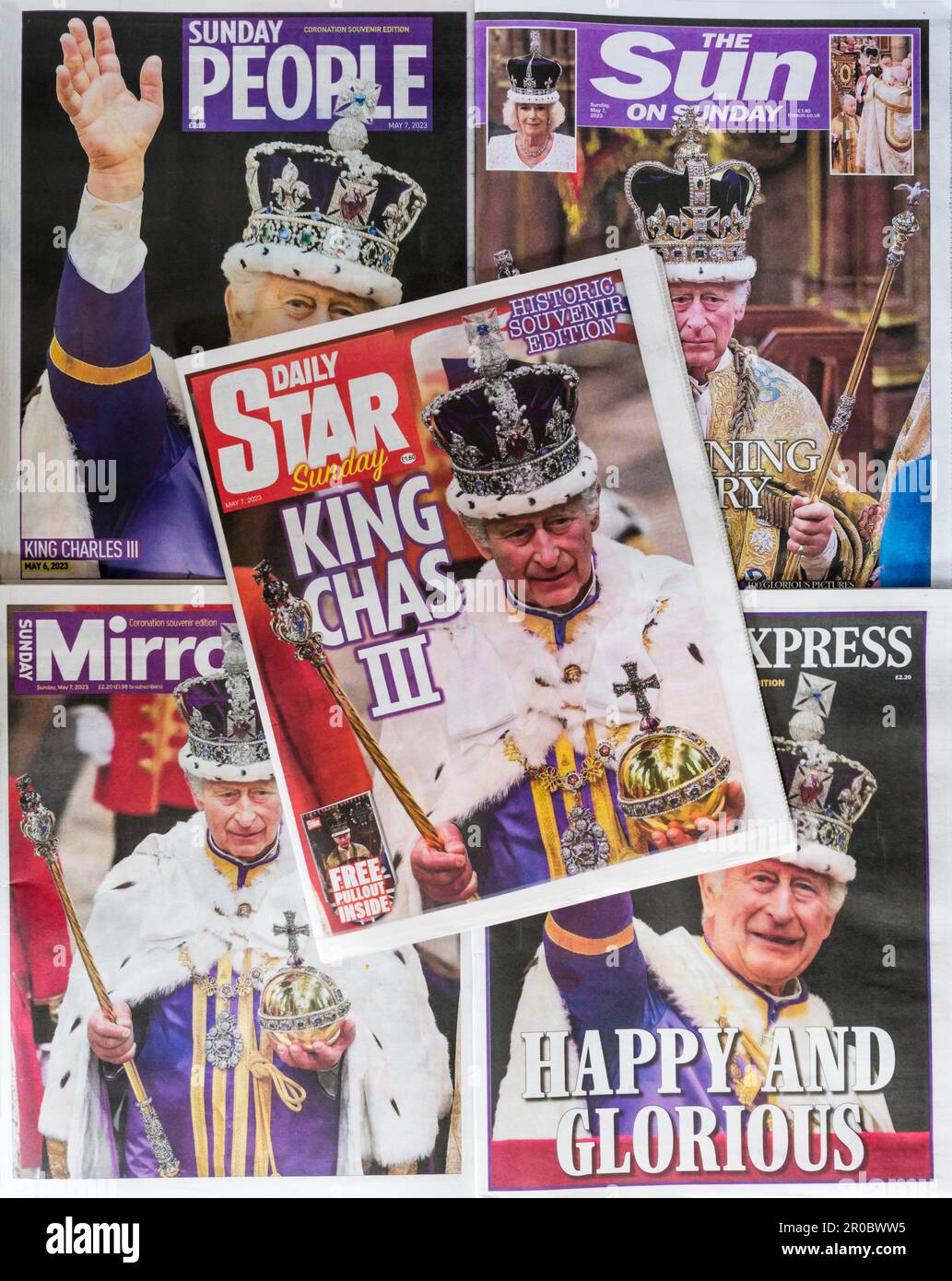 7. Mai 2023 Eine Auswahl der Titelseiten beliebter britischer Zeitungen am Tag nach der Krönung von König Karl III. Am 6. Mai 2023 in Westminster Abbey. Vom patriotischen Happy und Glorious bis zum weniger ehrwürdigen König Chas III Stockfoto