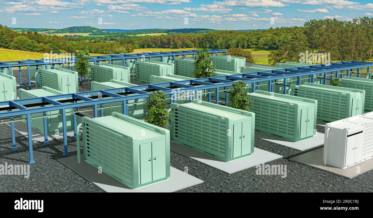 Ein moderner Batteriespeicher in der Natur, 3D-Darstellung Stockfoto