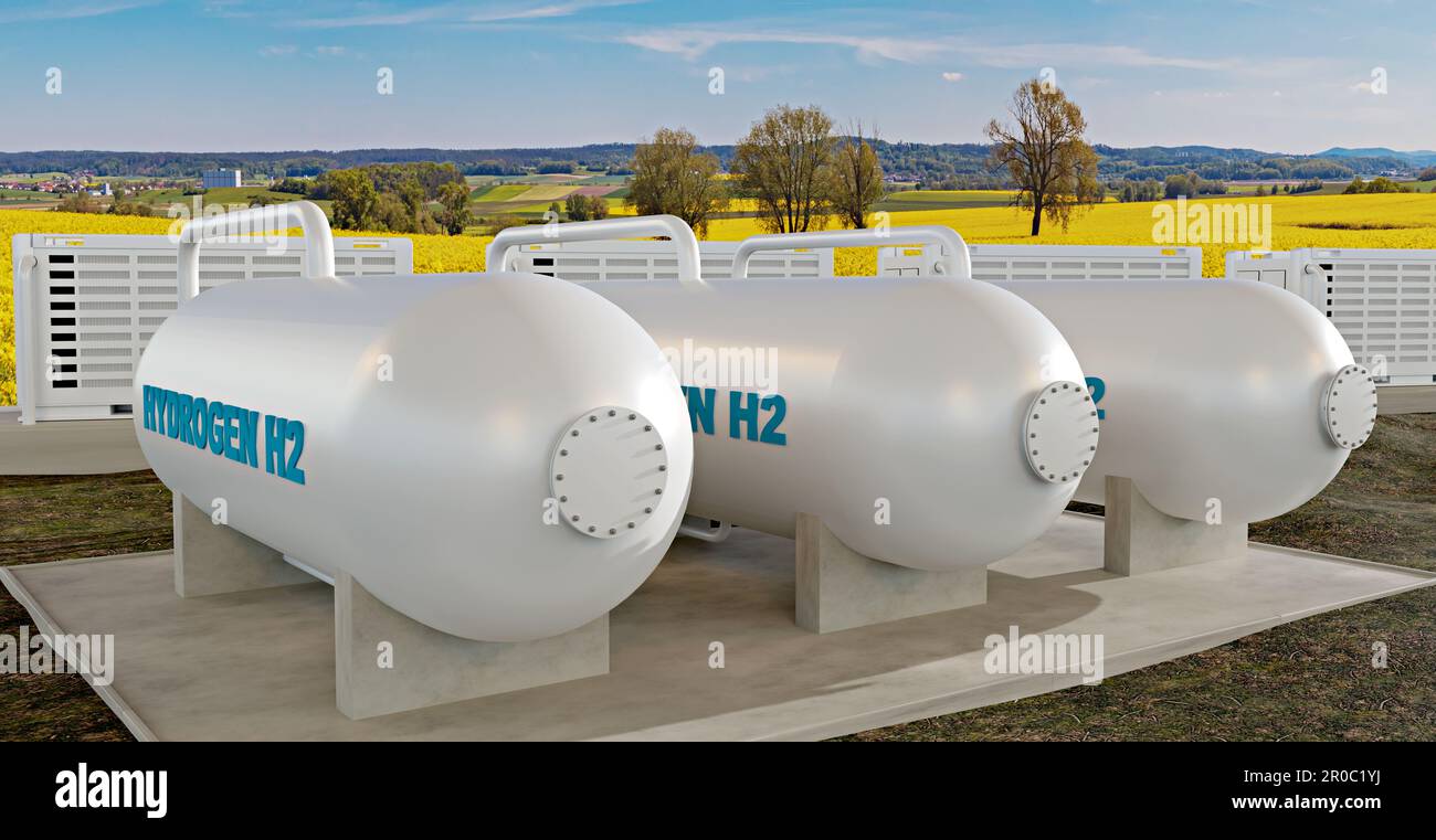 Eine moderne Wasserstoffeinheit mit Batteriespeicher in der Natur , 3D Abbildung Stockfoto