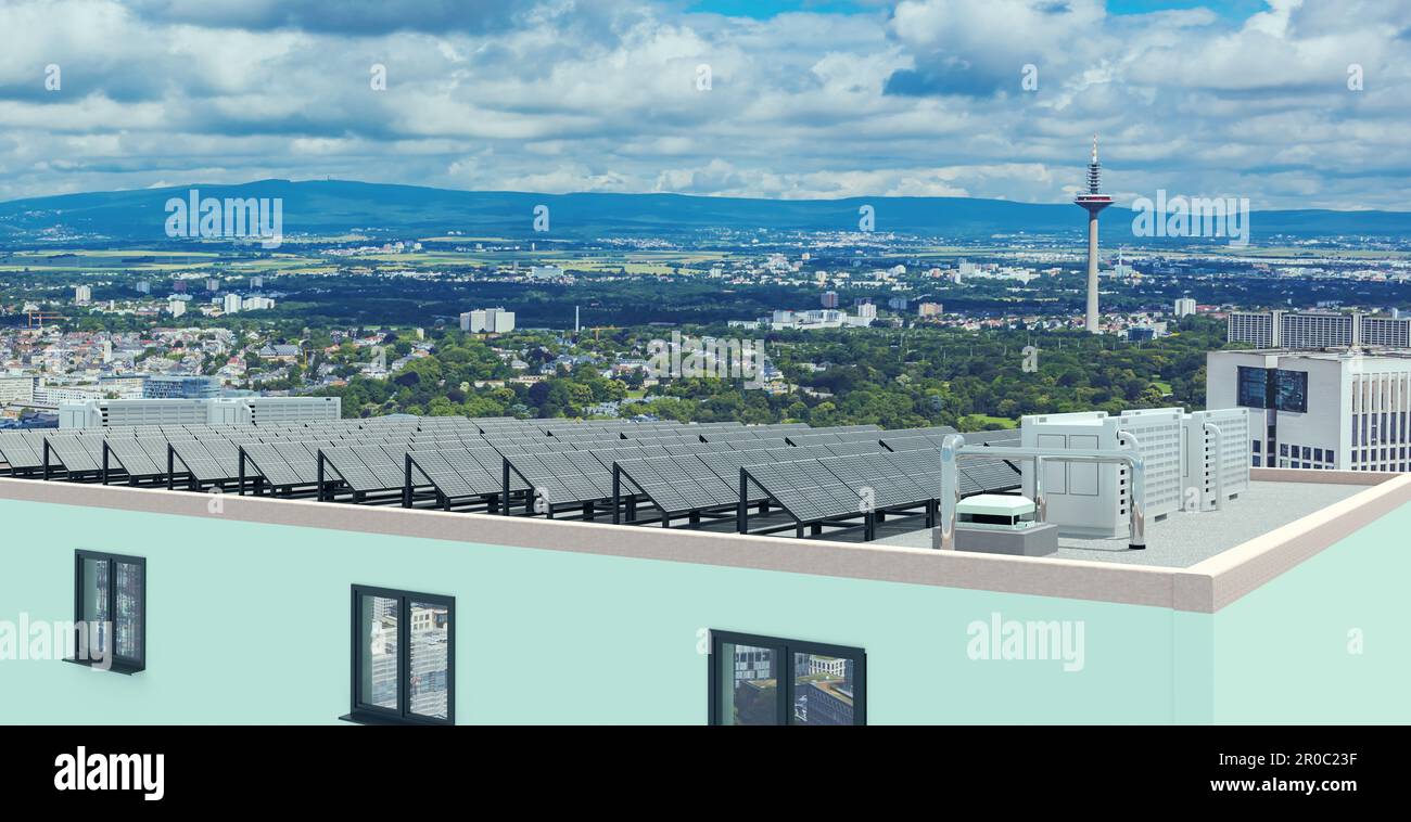 Installation von Solarpaneelen mit Batteriespeicher auf dem Dach eines Hochhauses, Abbildung 3D Stockfoto