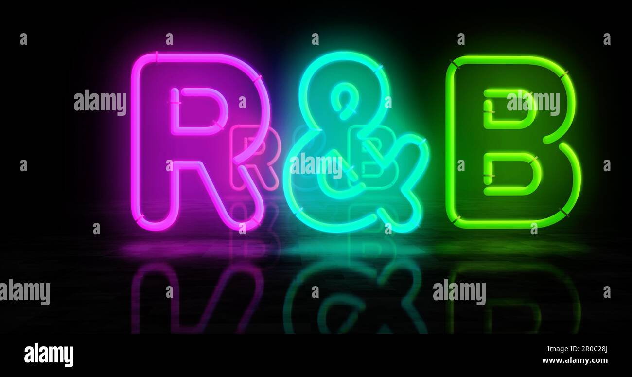 R&B Rhythmus und blaues Neonsymbol. Unterhaltung Rhythmus- und Blues-Musik-Event-Lampen. Abstrakte Darstellung des Konzepts 3D. Stockfoto