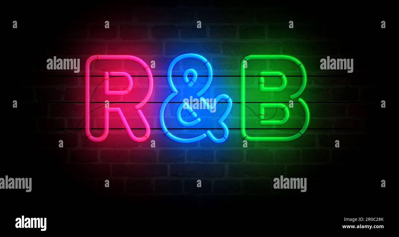 R&B Rhythmus und blaues Neonsymbol. Unterhaltung Rhythmus- und Blues-Musik-Event-Lampen. Abstrakte Darstellung des Konzepts 3D. Stockfoto