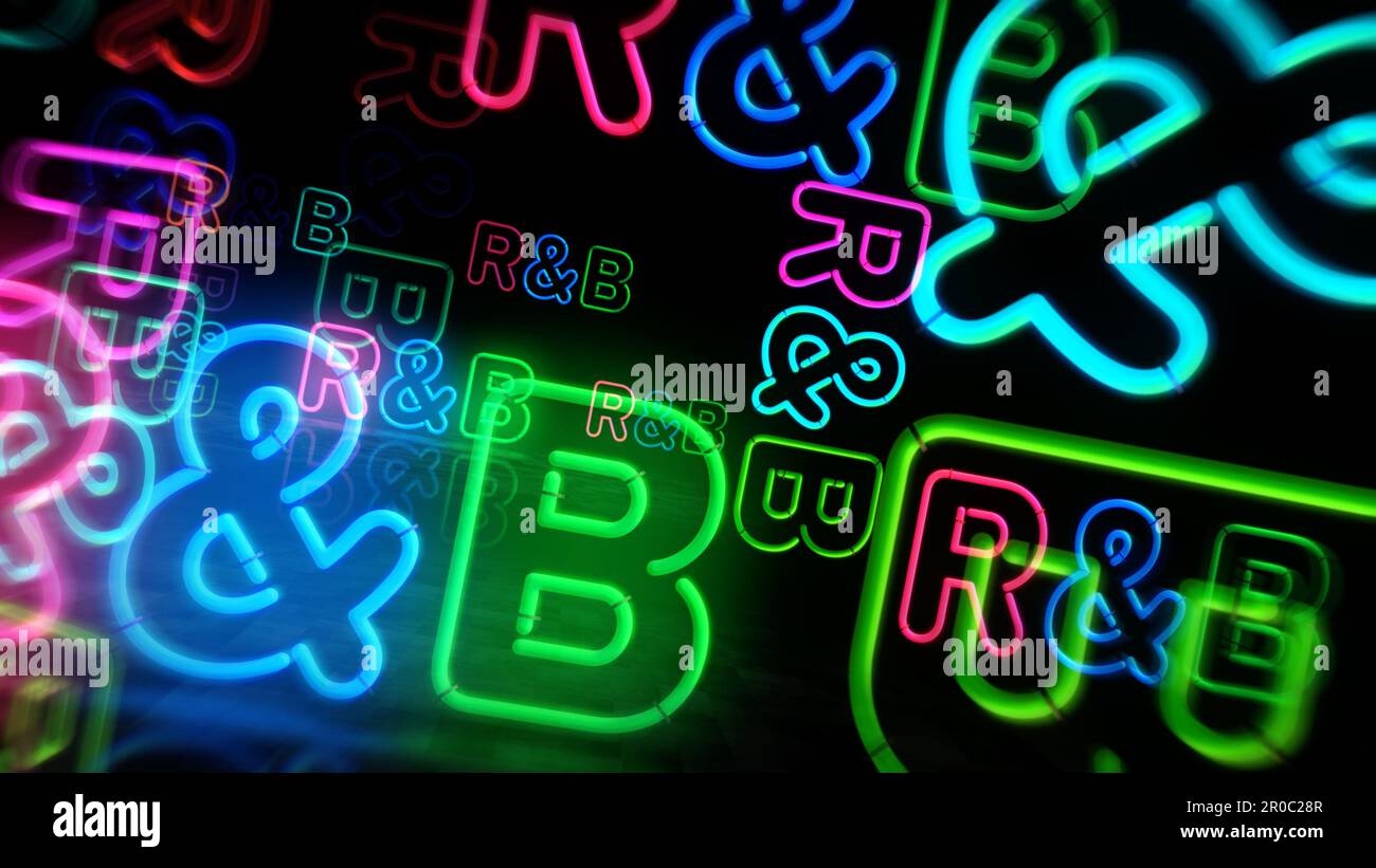 R&B Rhythmus und blaues Neonsymbol. Unterhaltung Rhythmus- und Blues-Musik-Event-Lampen. Abstrakte Darstellung des Konzepts 3D. Stockfoto