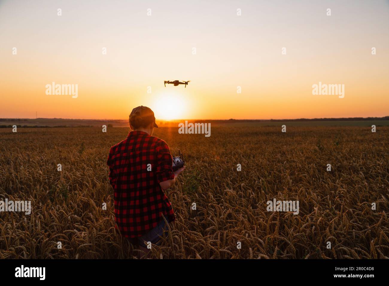 Farmerin mit Drohne auf einem Weizenfeld. Intelligente Landwirtschaft und Präzisionslandwirtschaft. Hochwertiges Foto Stockfoto