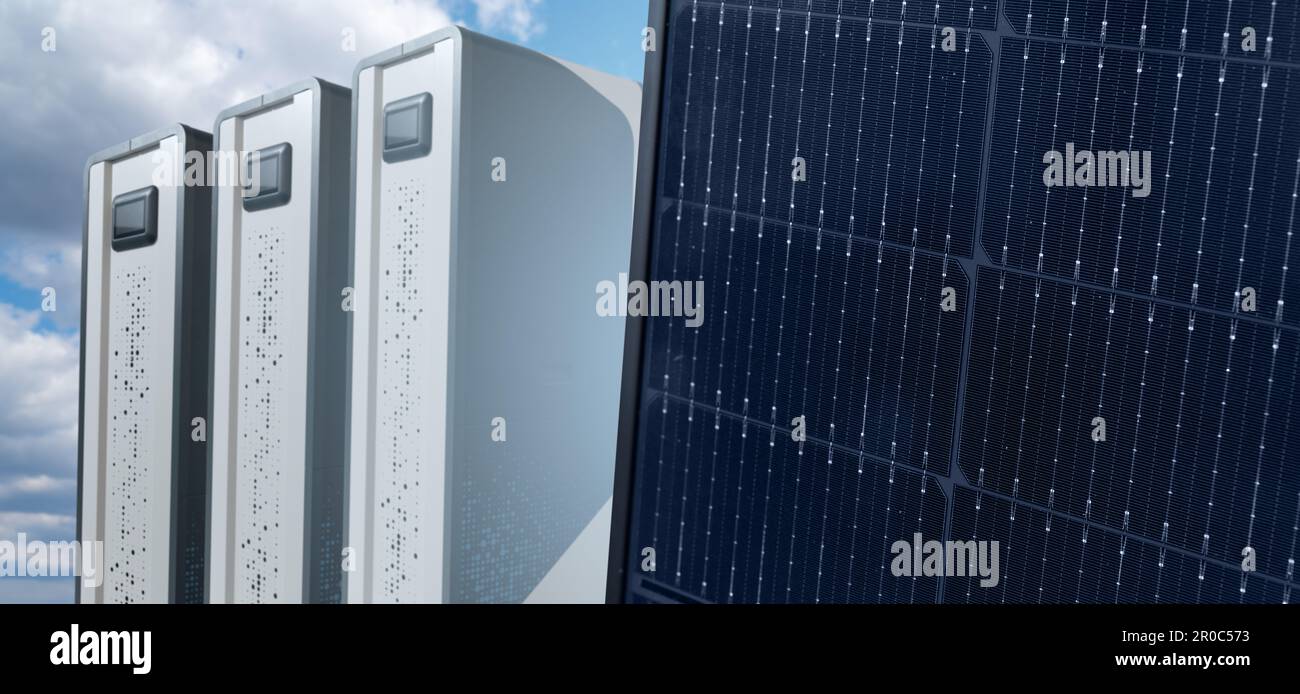 Solarmodul mit wiederaufladbarem Energiespeicher. Hochwertiges Foto Stockfoto