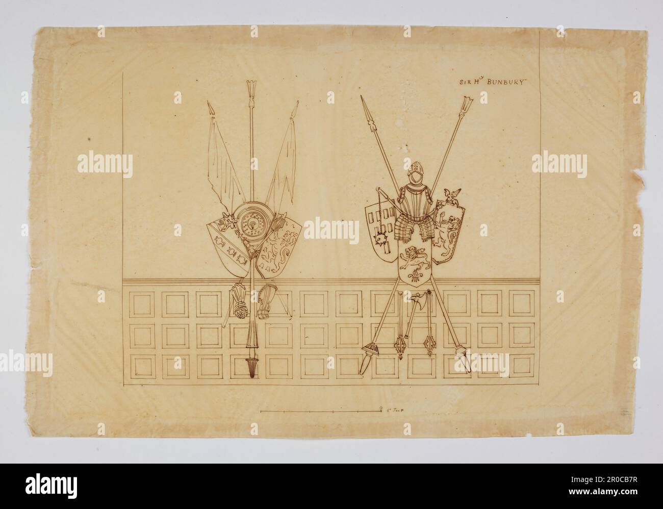 Wilkinson Tracing, Wanddekoration mit Militärtrophäen, Waffen und Rüstungen, 1820. Höhe einer Mauer, dekoriert mit Militärtrophäen und Waffen und Rüstungen für Sir Henry Bunbury. Tinte auf dem Papier. Designer: George Bullock. Thomas Wilkinson Stockfoto