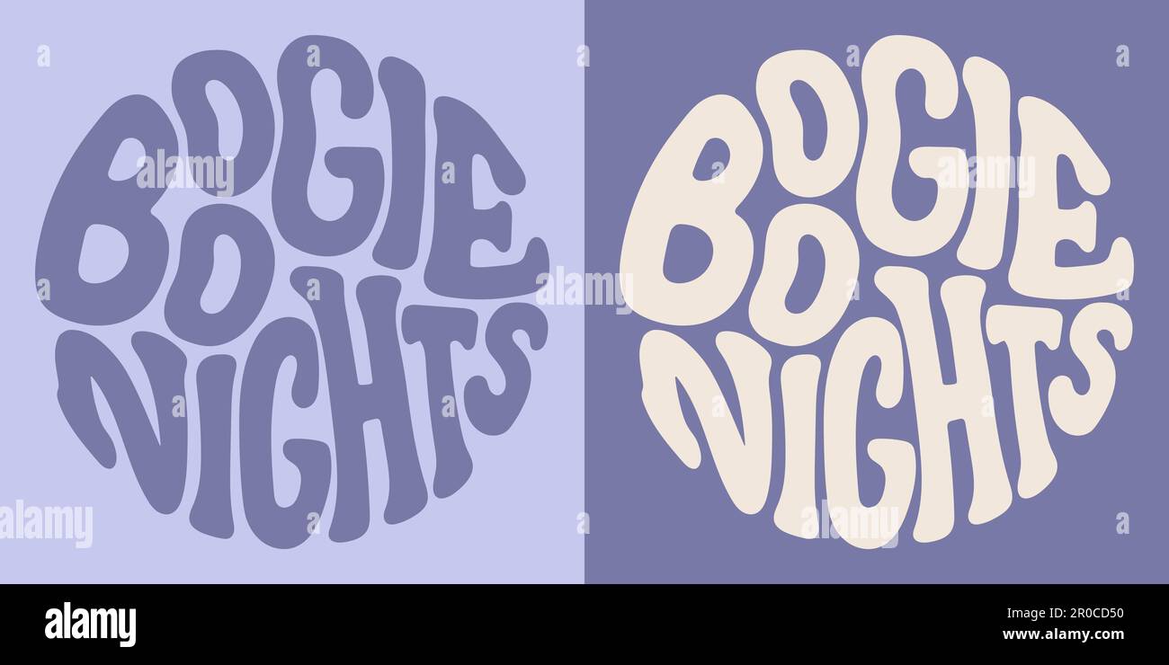 Groovy Buchstaben Boogie Nights. Retro-Schriftzug in runder Form. Trendiges Design mit groovy Motiven für Poster, Karten und T-Shirts. Stock Vektor