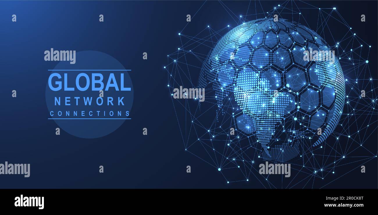 Globales Netzwerk Verbindung Konzept. Grosse Daten Visualisierung. Soziales Netzwerk Kommunikation in der globalen Computernetze. Internet Technologie. Geschäft Stock Vektor