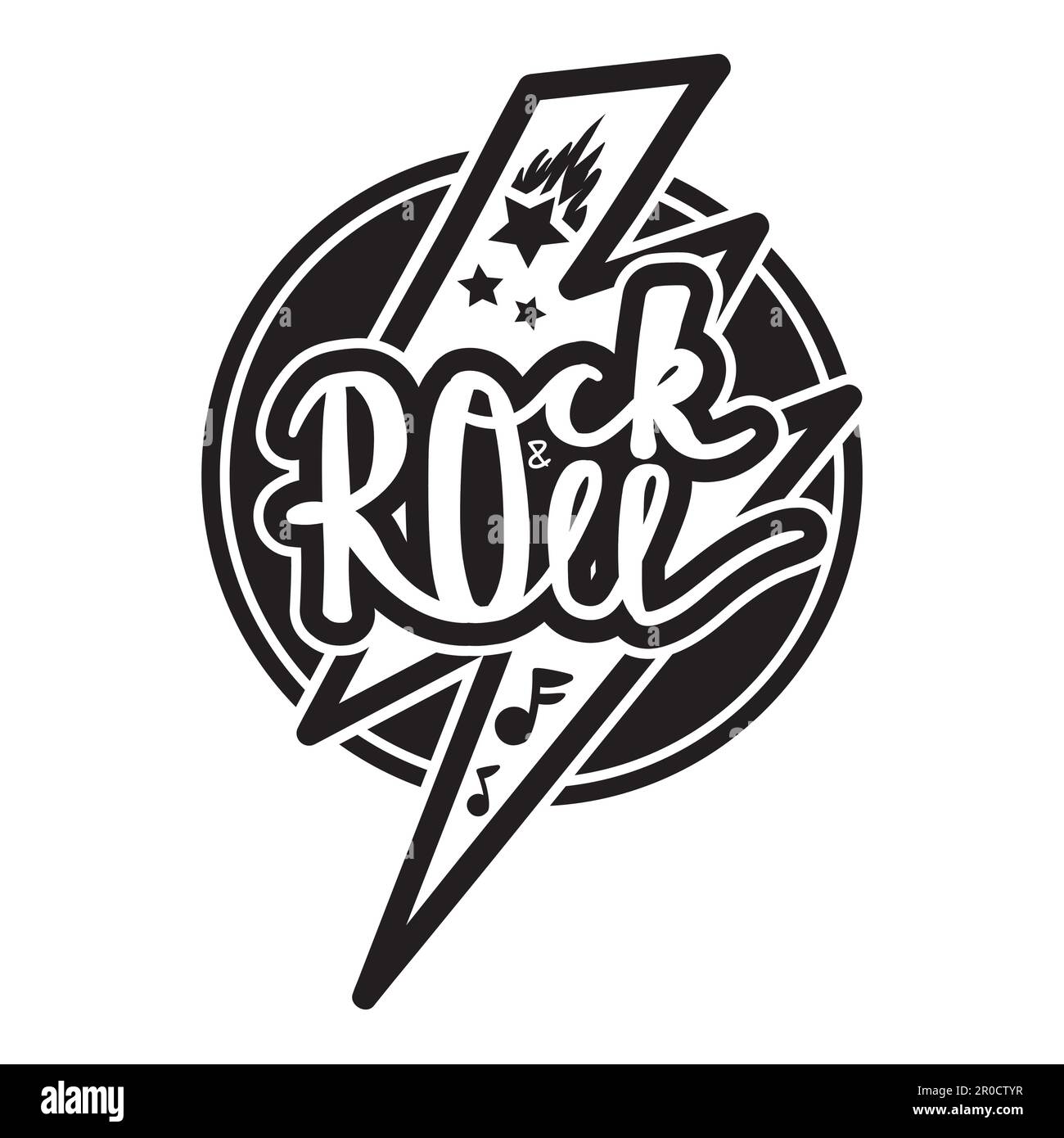 Rock-and-Roll-Schriftzug für T-Shirt, Aufkleber, Aufdruck, Stoff, Stoff.  Handgezeichnetes klassisches Musikabzeichen in Schwarzweiß.  Retro-Hipster-Sound-Emblem für Karte, CO Stock-Vektorgrafik - Alamy