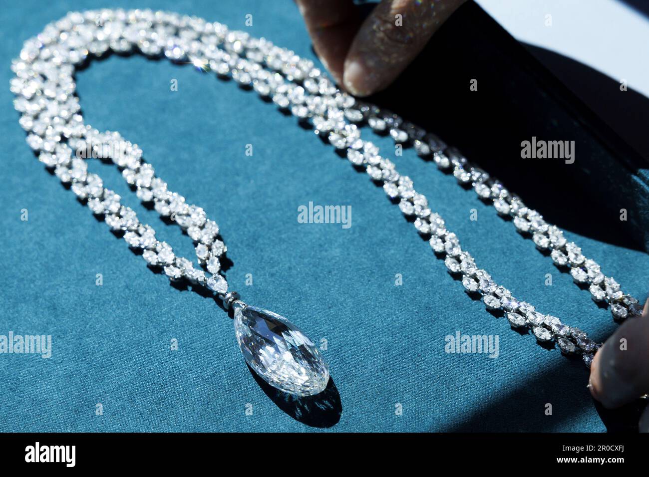 A 90.36 carat Briolette of India Diamond Necklace by Harry Winston,  estimated between 9,000,000 - 14,000,000 CHF (Swiss Francs), is pictured,  during a preview of "The World of Heidi Horten" the 700